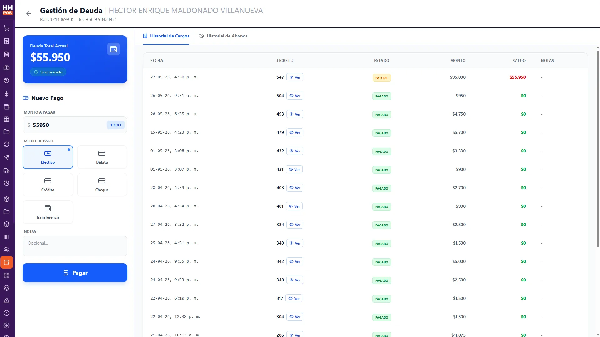 Cuenta corriente de cliente en HM Market