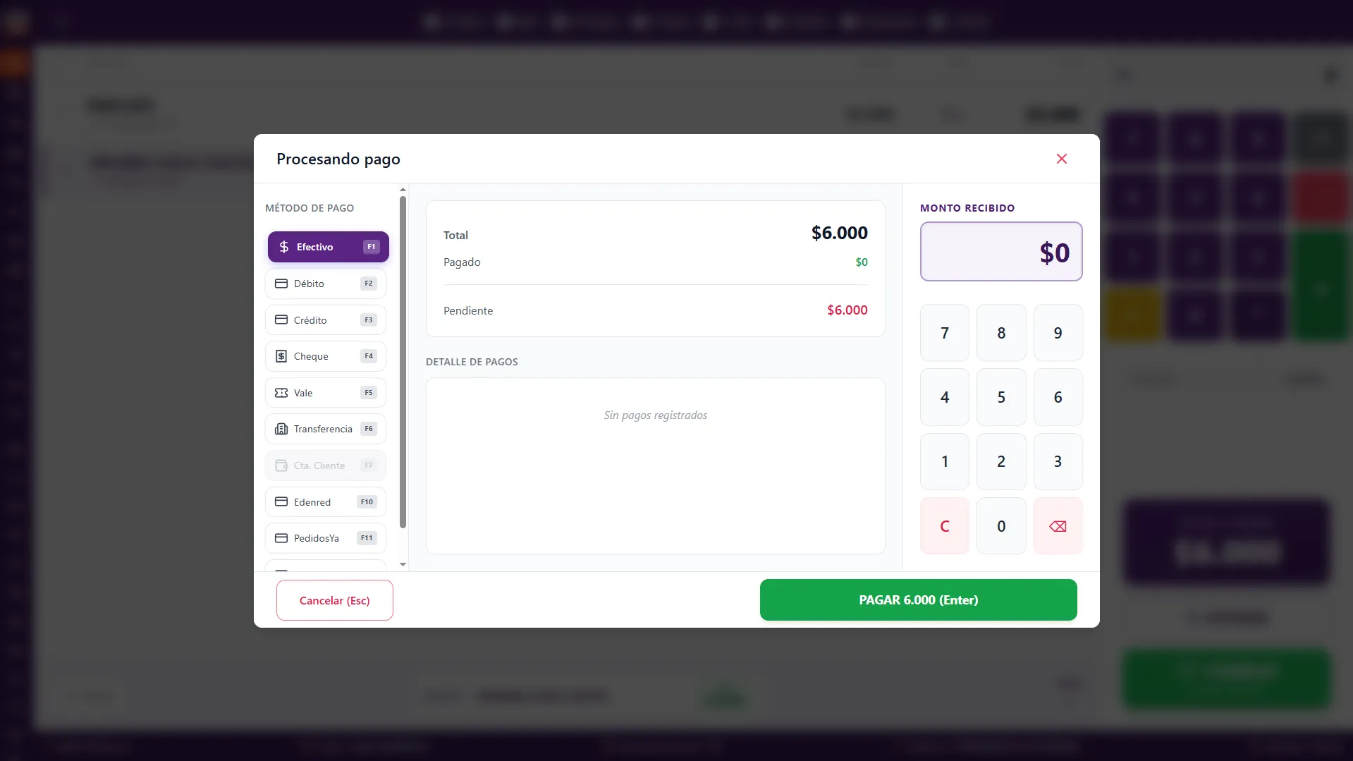 Modal de pagos de HM POS